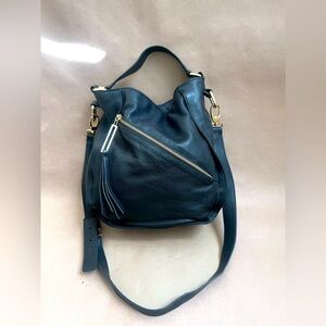 Kelsi Dagger Black Leather Handbag With Adjustable Crossbody Strap Gold Hardware